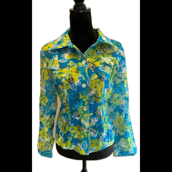 Ruby Rd. Button Down Blouse Sz 14 Turquoise Blue Lime Green Tropical Top Sheer - Picture 1 of 11